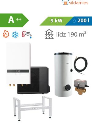 Gaiss- ūdens siltumsūknis Panasojnic Aquarea K 9 kW Split (WH-SDC0309K3E5 / WH-UDZ09KE5) komplekts: siltumsūknis + 200 l KŪ boilers + trejgaitas vārsts + sensors + zemes kronšteins SP 740